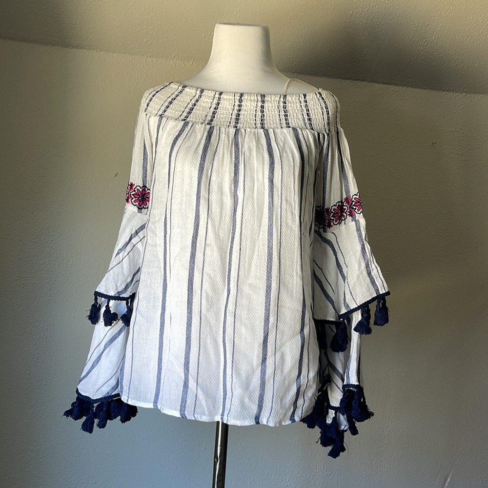 THML Stripes Flared Sleeves Off Shoulder Blouse